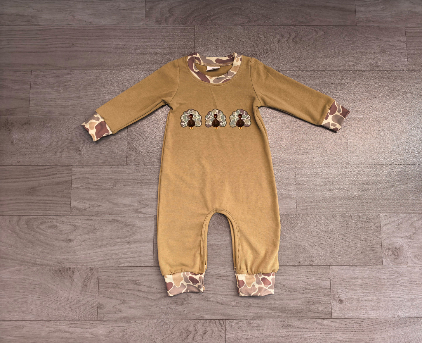Toddle baby boy Thanksgiving camo turkey long sleeve romper preorder