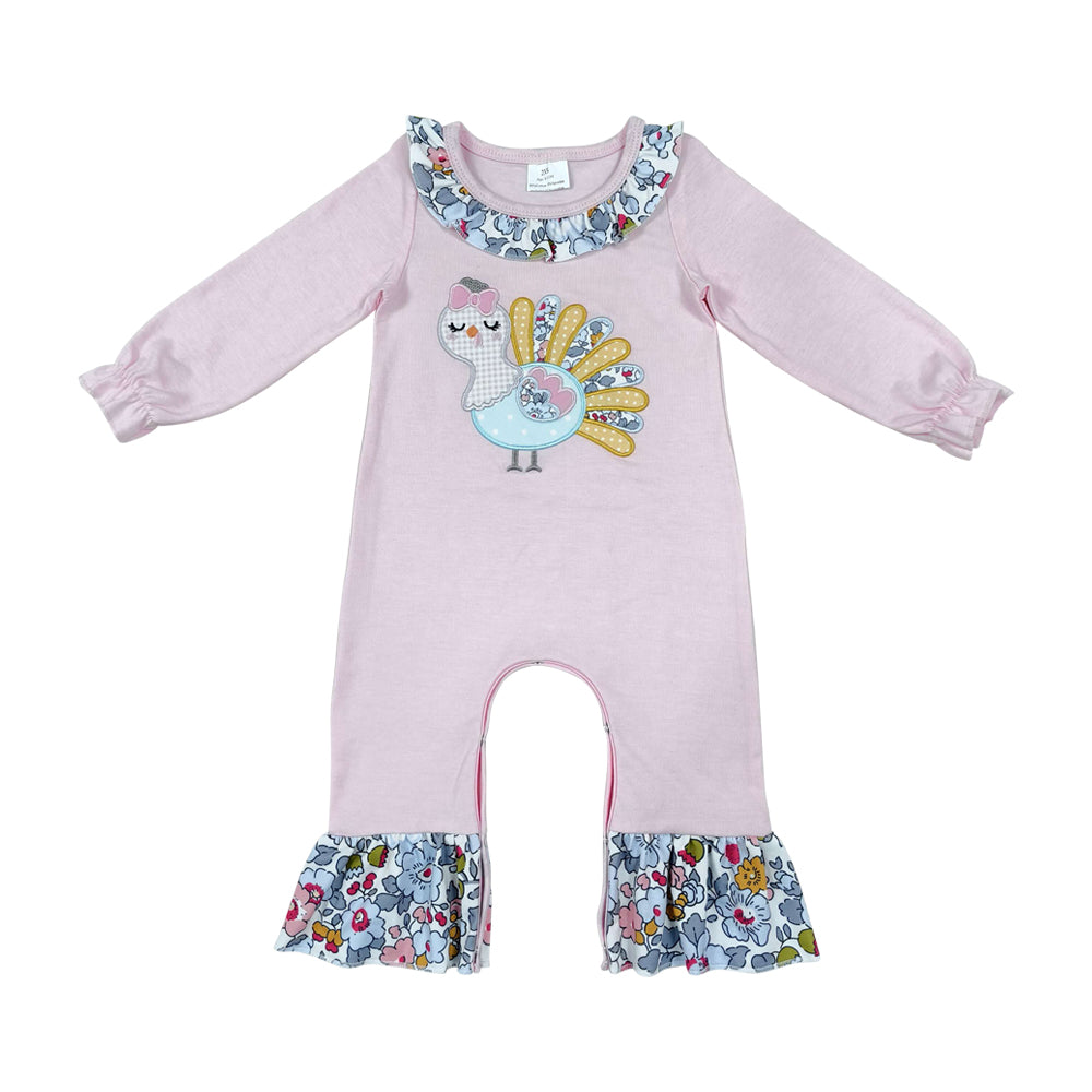 Long sleeve Thanksgiving turkey embroidery top matching pants girls wholesale factory price outfit