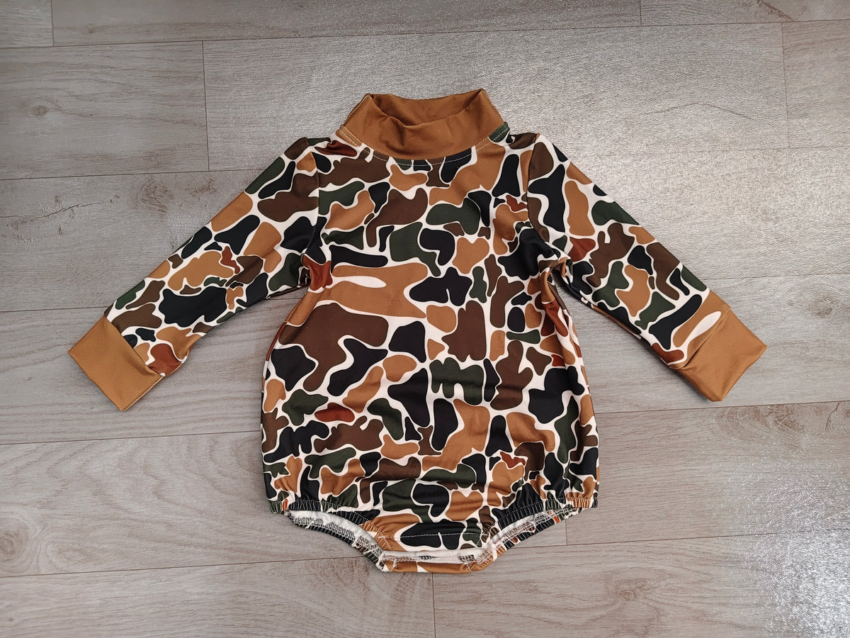Toddle baby long sleeve brown camo print romper preorder
