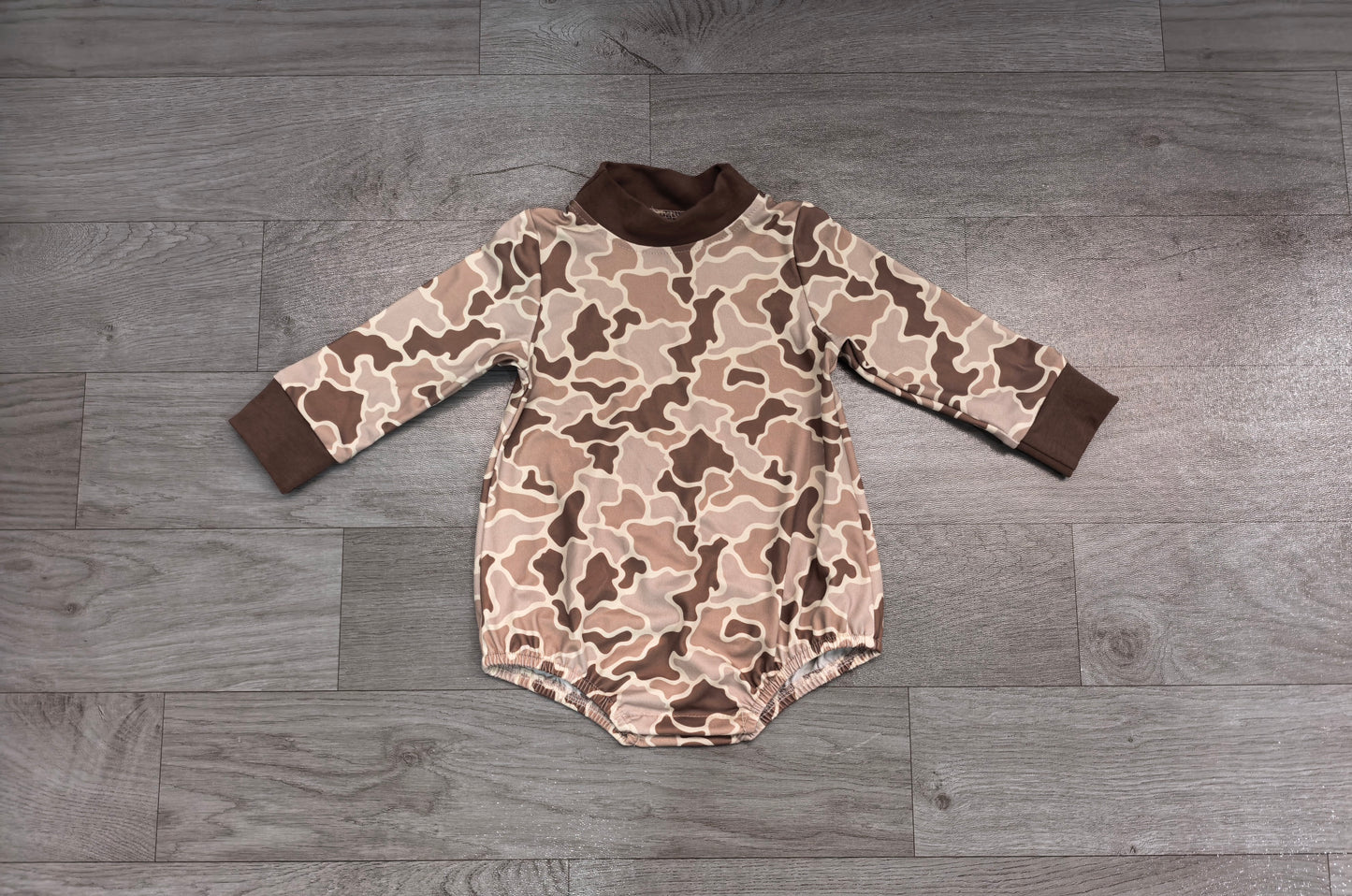 Toddle baby long sleeve dark grey camo print romper preorder