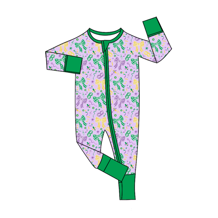 Mardi Gras bow toddle long sleeve romper preorder