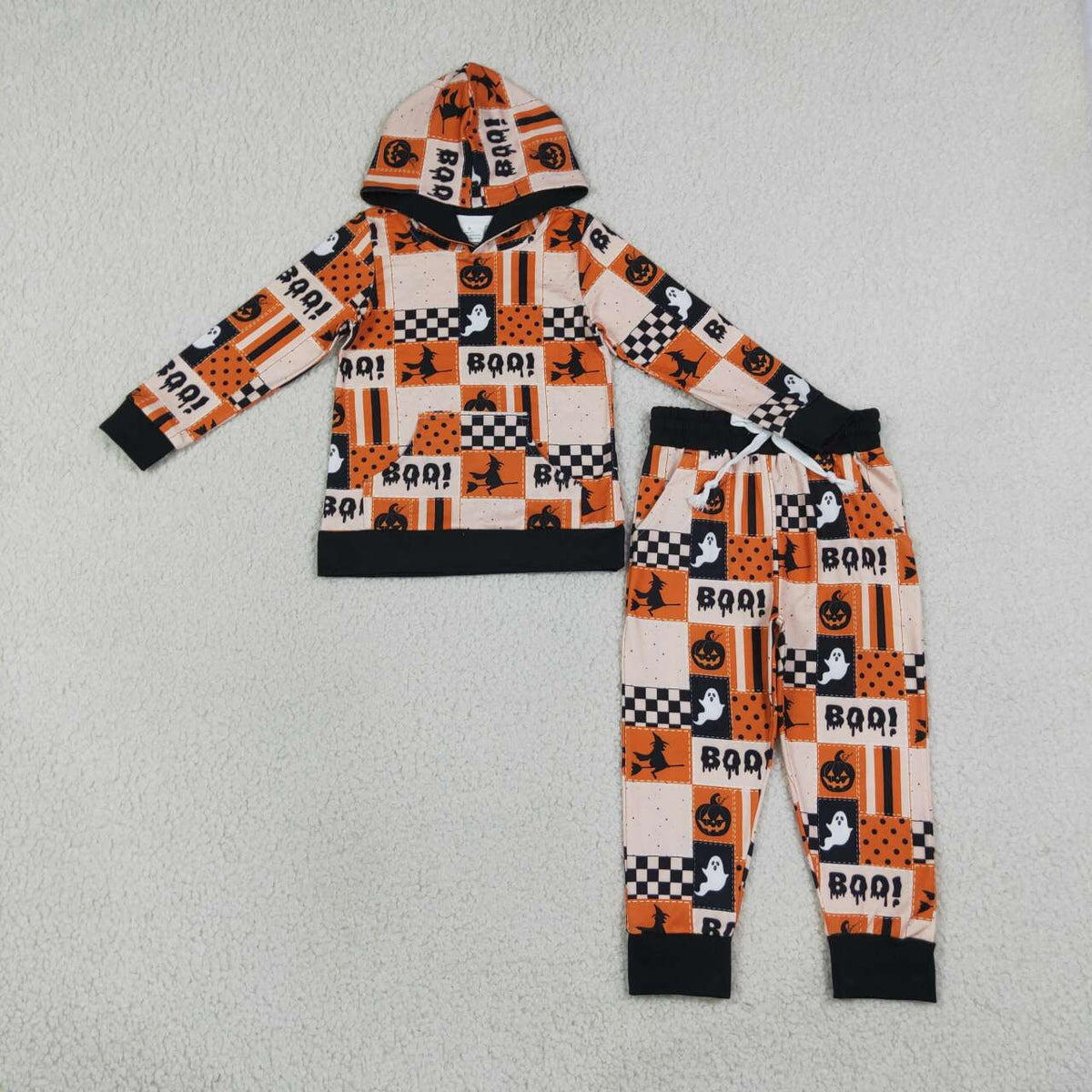 Halloween boo ghost print boys long sleeve hoodie set outfit