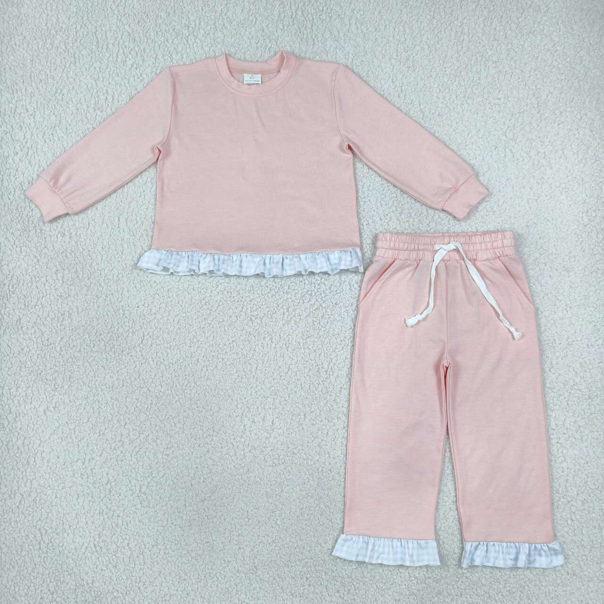 Pink color long sleeve pullover top matching pants fall winter girls outfit