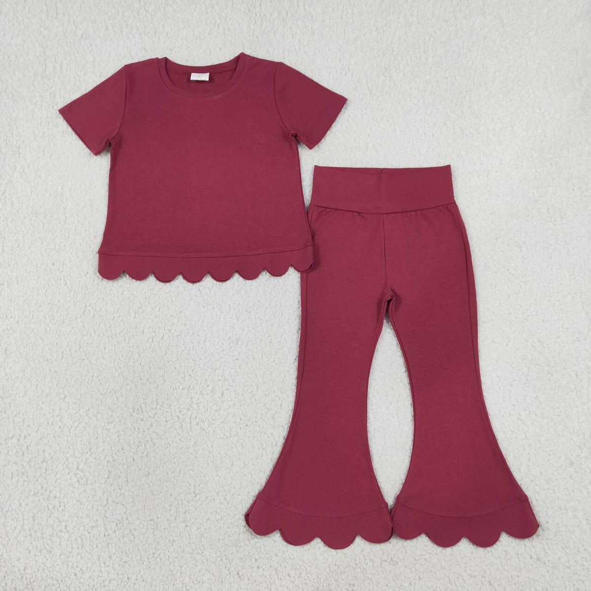 Girl Burgundy color short sleeve scallop top matching pants wholesale outfit