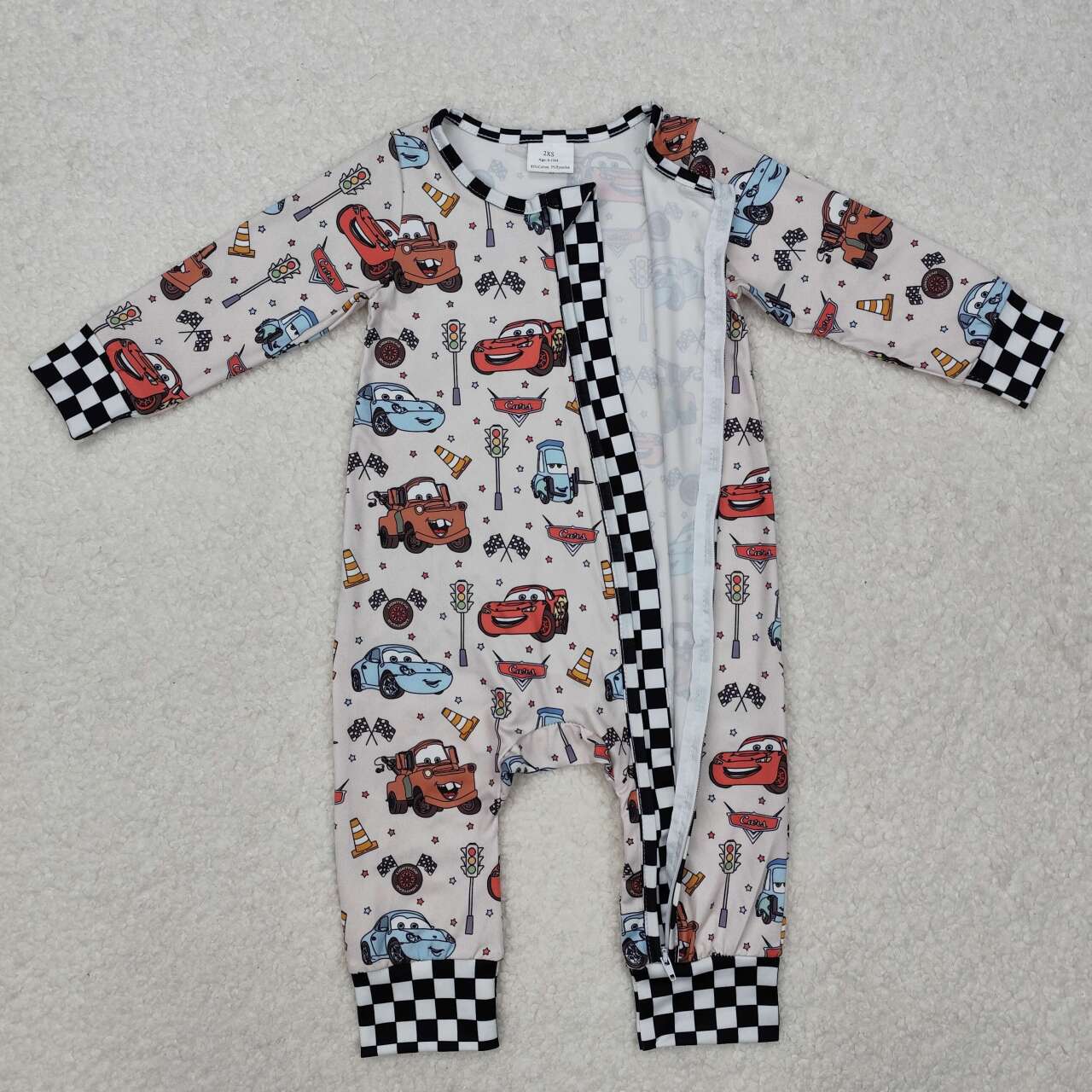 Baby boy long sleeve cartoon car zip romper