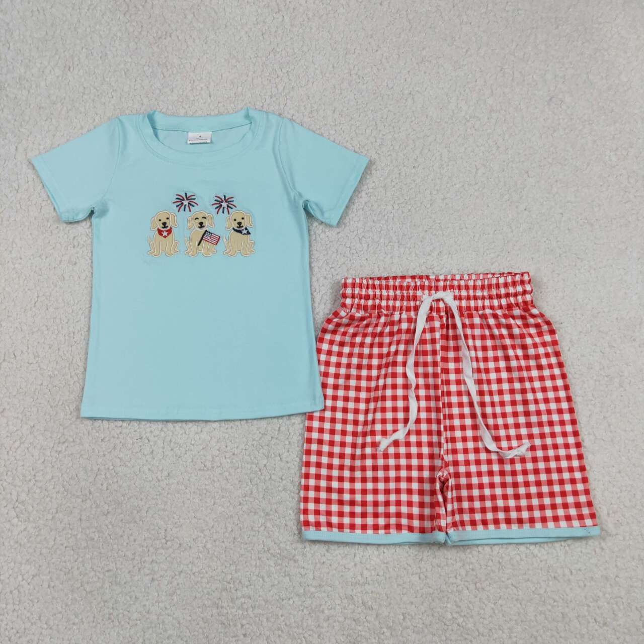 Embroidery America flag dog top matching shorts boy summer outfit