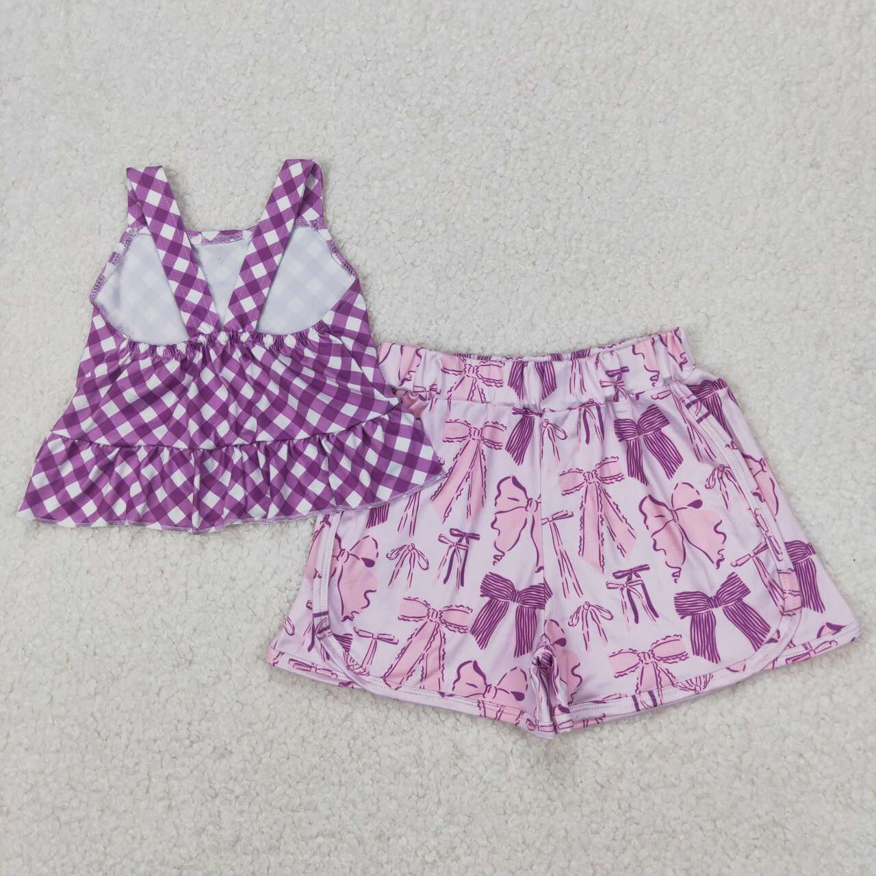 Infant baby girls lavender plaid top bow shorts summer clothes