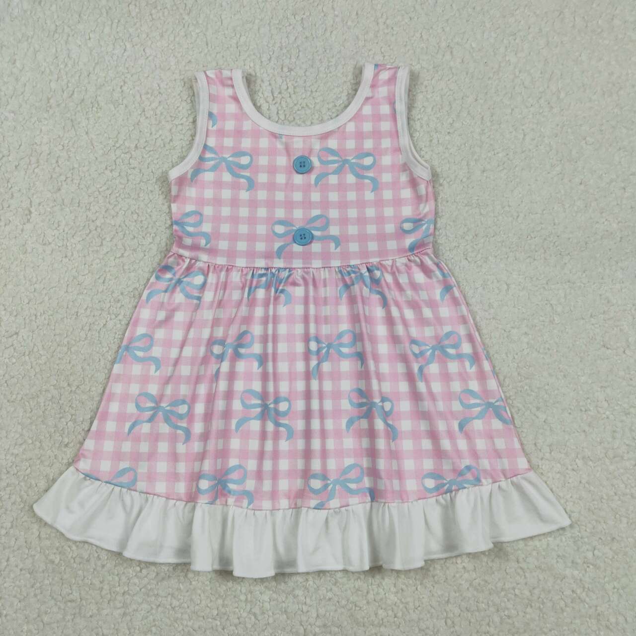 Blue bow pink plaid design girls summer dress