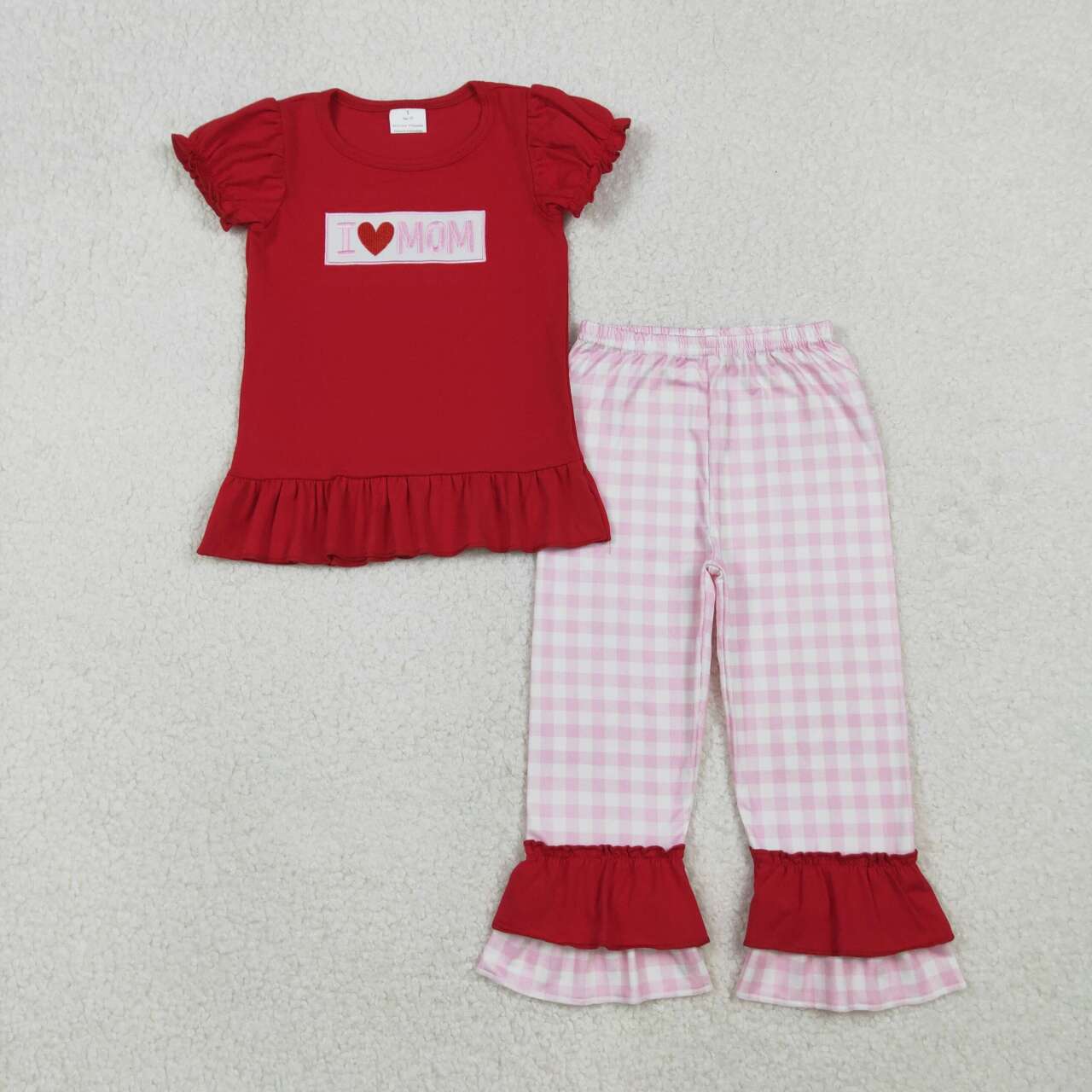 embroidery I LOVE mom red shirt pink plaid pants girls outfit