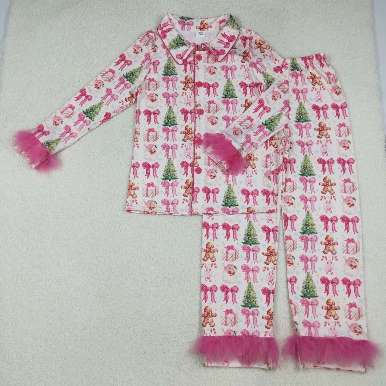 Adult Christmas gingerbread bow design matching pajama set outfit