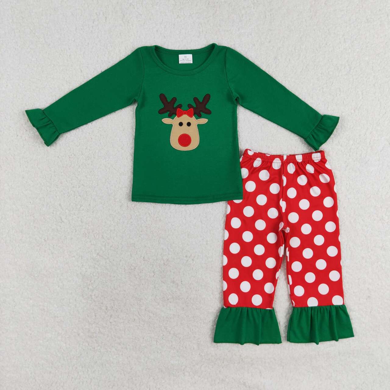 girls christmas embroidery reindeer long sleeve pajama set