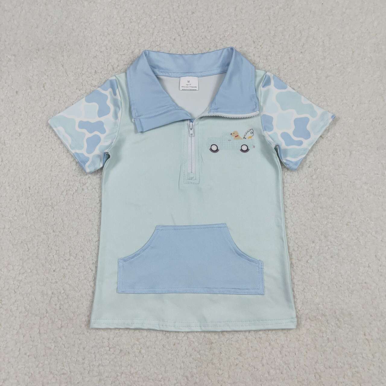 Fishing dog camo design kids short sleeve pullover top