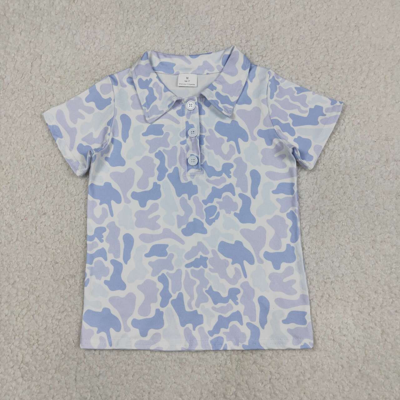 Blue camo print boy short sleeve pullover top