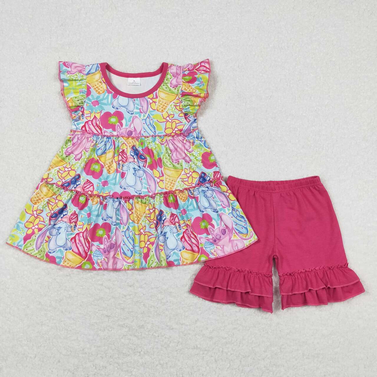 baby girls cartoon top hot pink ruffle shorts outfit