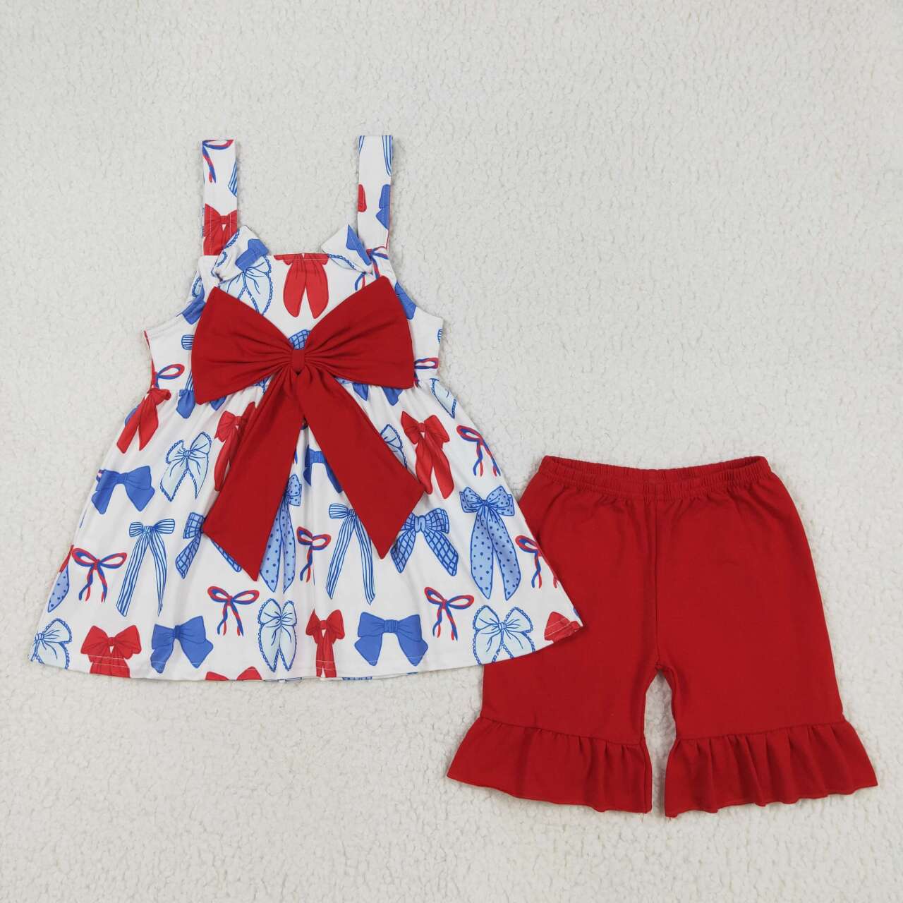 Baby girl red blue bow top matching shorts July 4th outfit