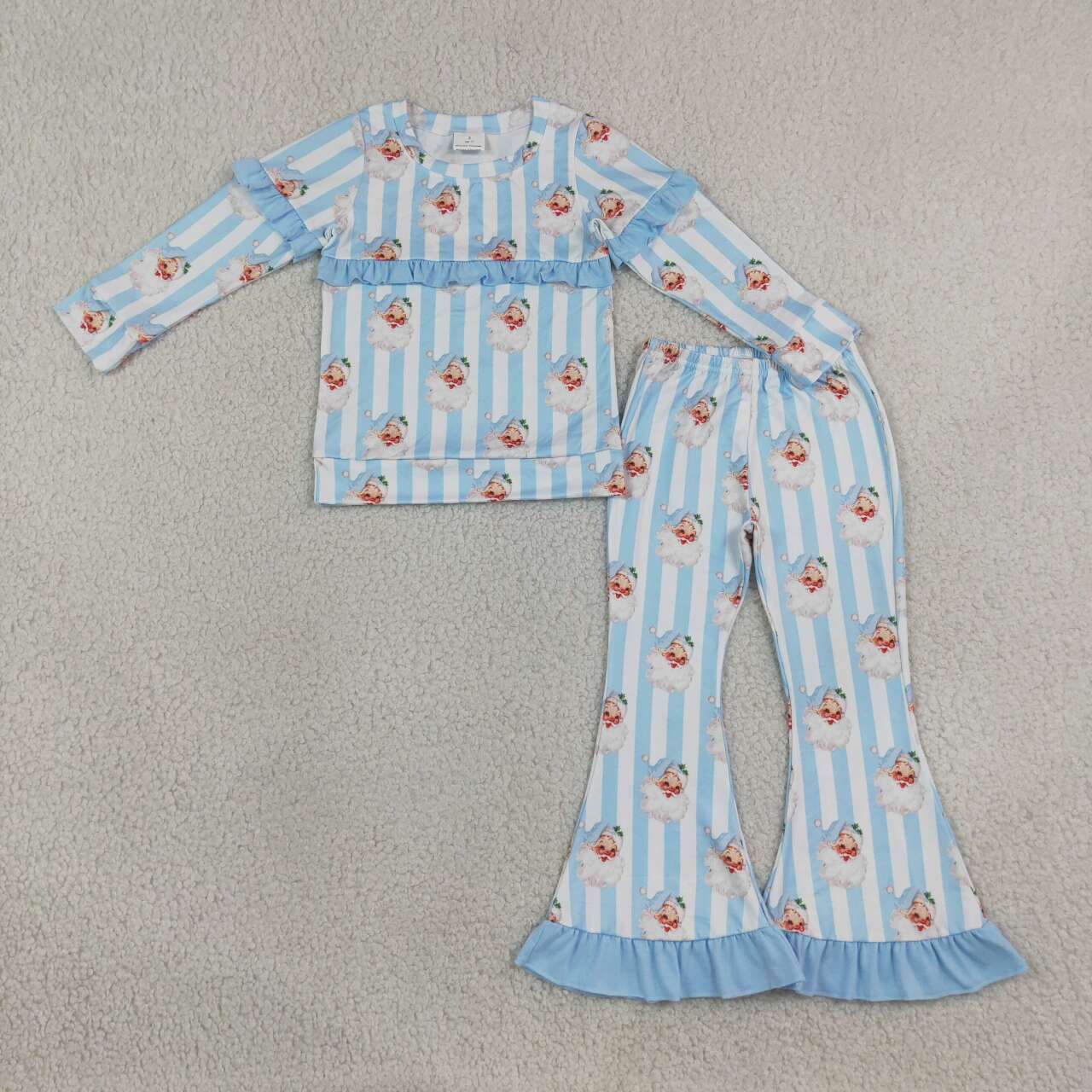 Christmas santa claus blue stripes long sleeve top matching pants girl outfit