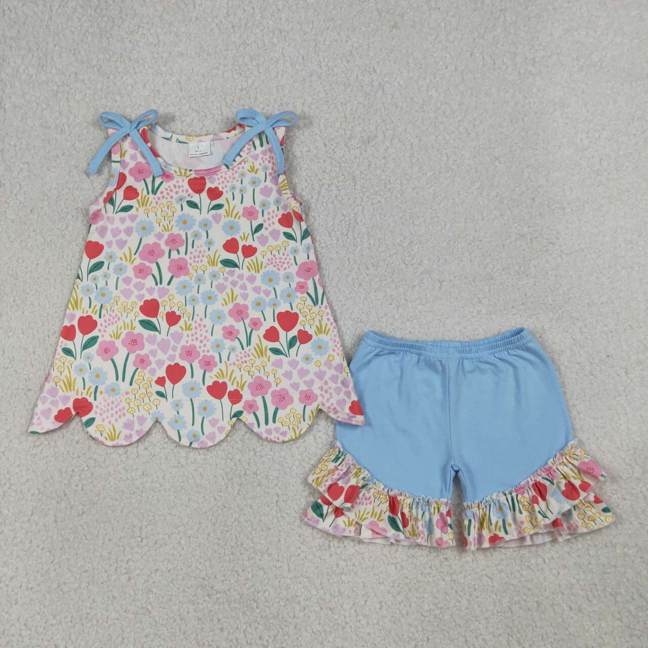 Red yellow flowers top matching shorts girls summer outfit