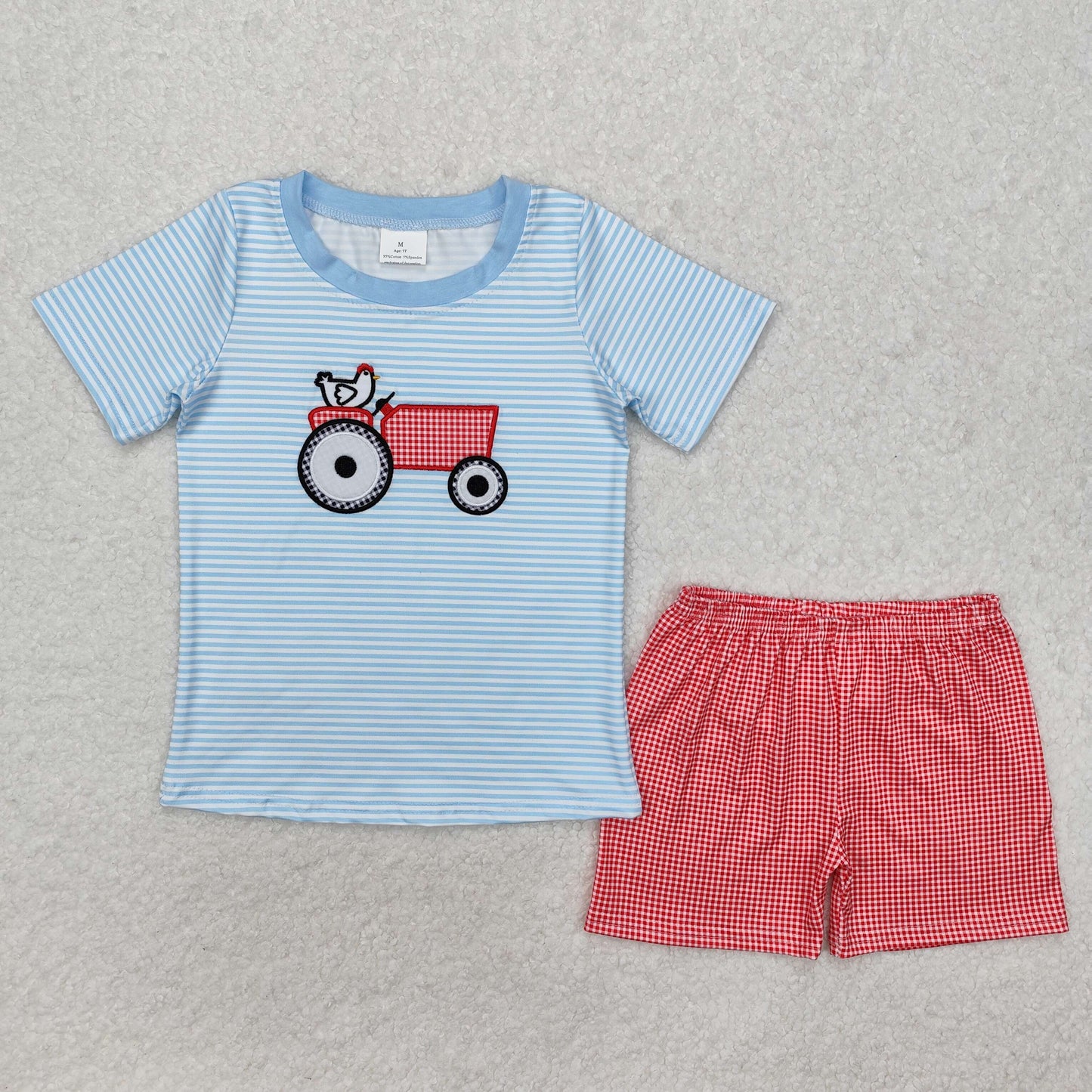 Baby boy embroidery farm tractor chicken design summer outfit