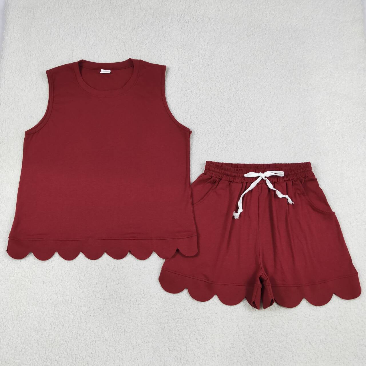 Adult Women wine red top matching shorts summer outfit