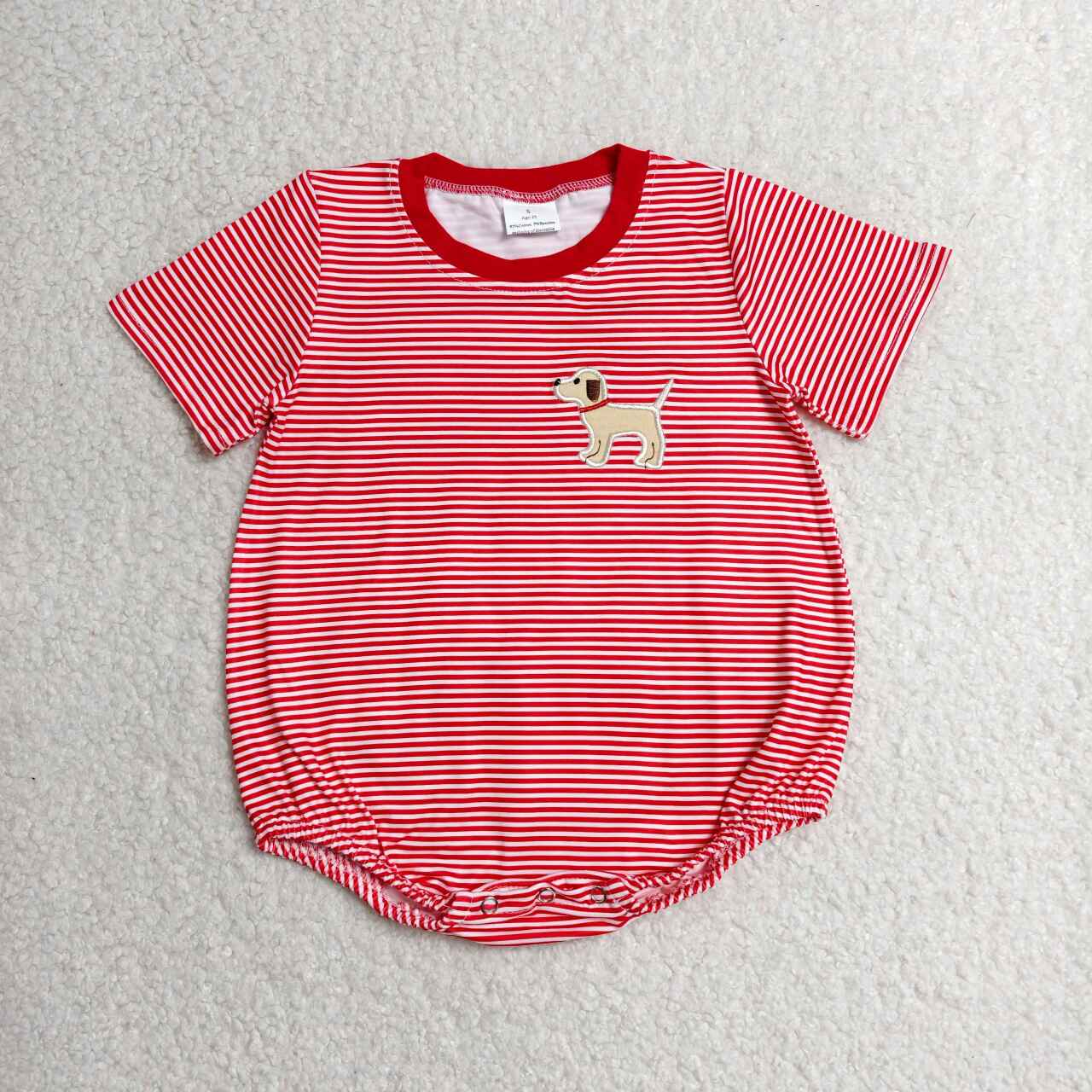 Red stripes toddle boy embroidery dog romper