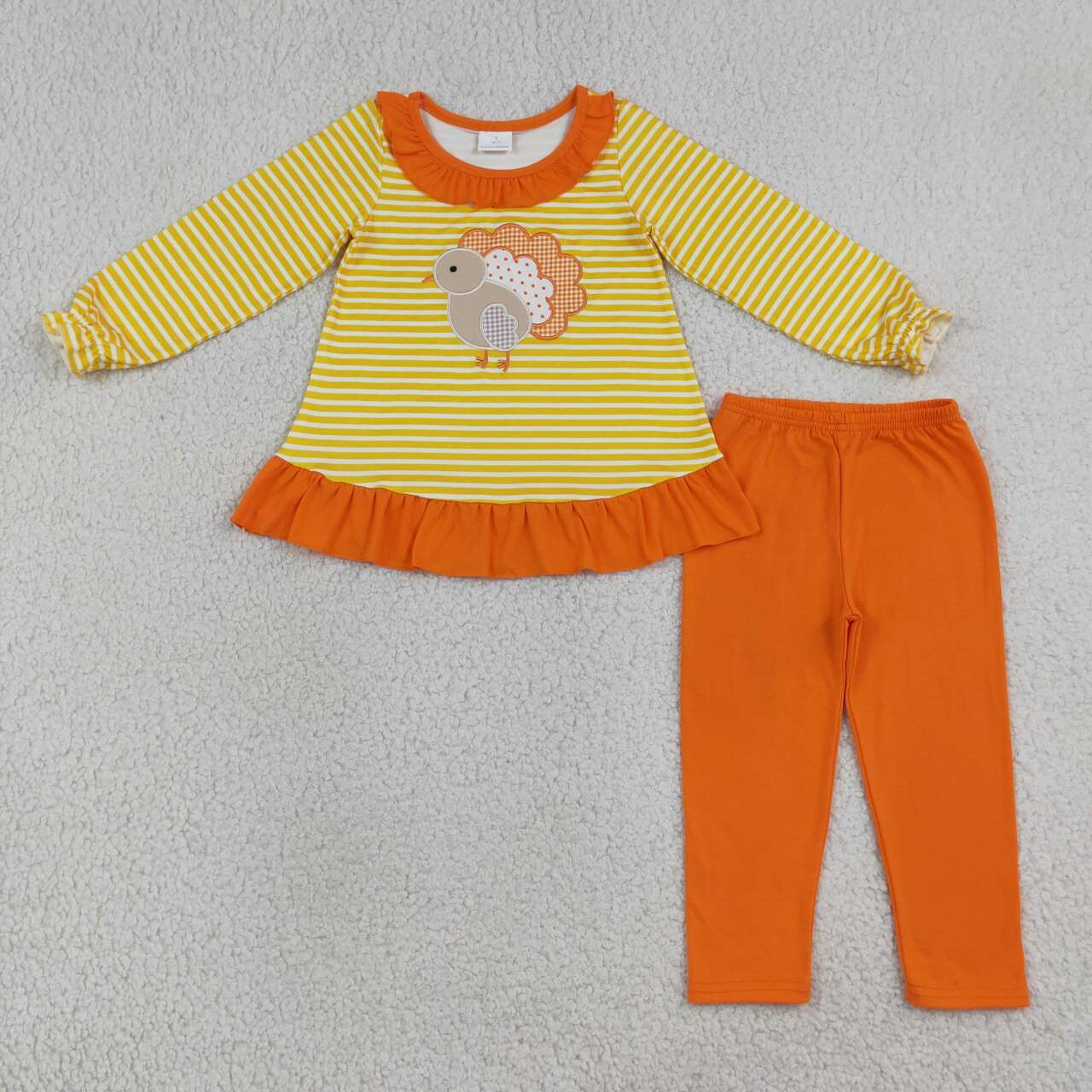 Thanksgiving turkey embroidery print long sleeve top matching pants girl outfit
