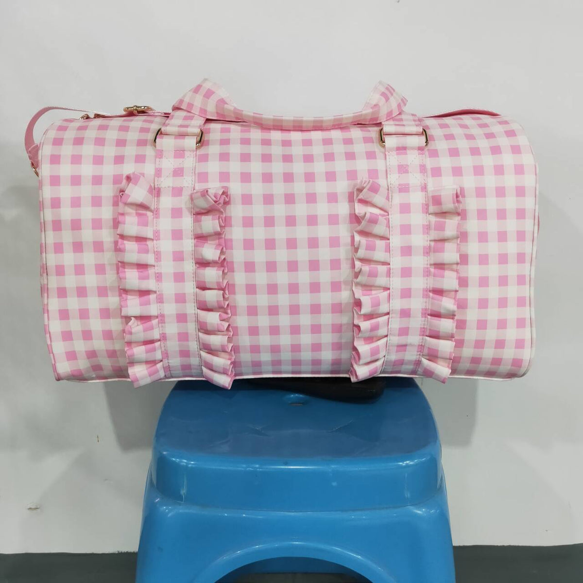 kids pink plaid print duffle bag