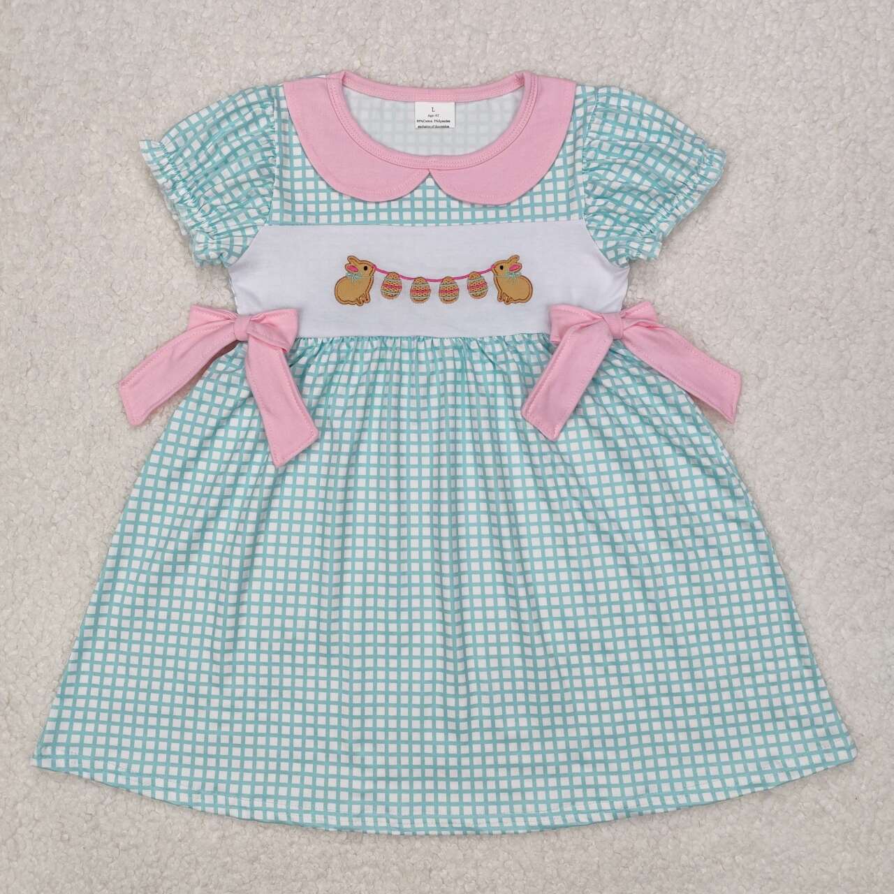 Baby girl embroidery Easter bunny blue plaid dress