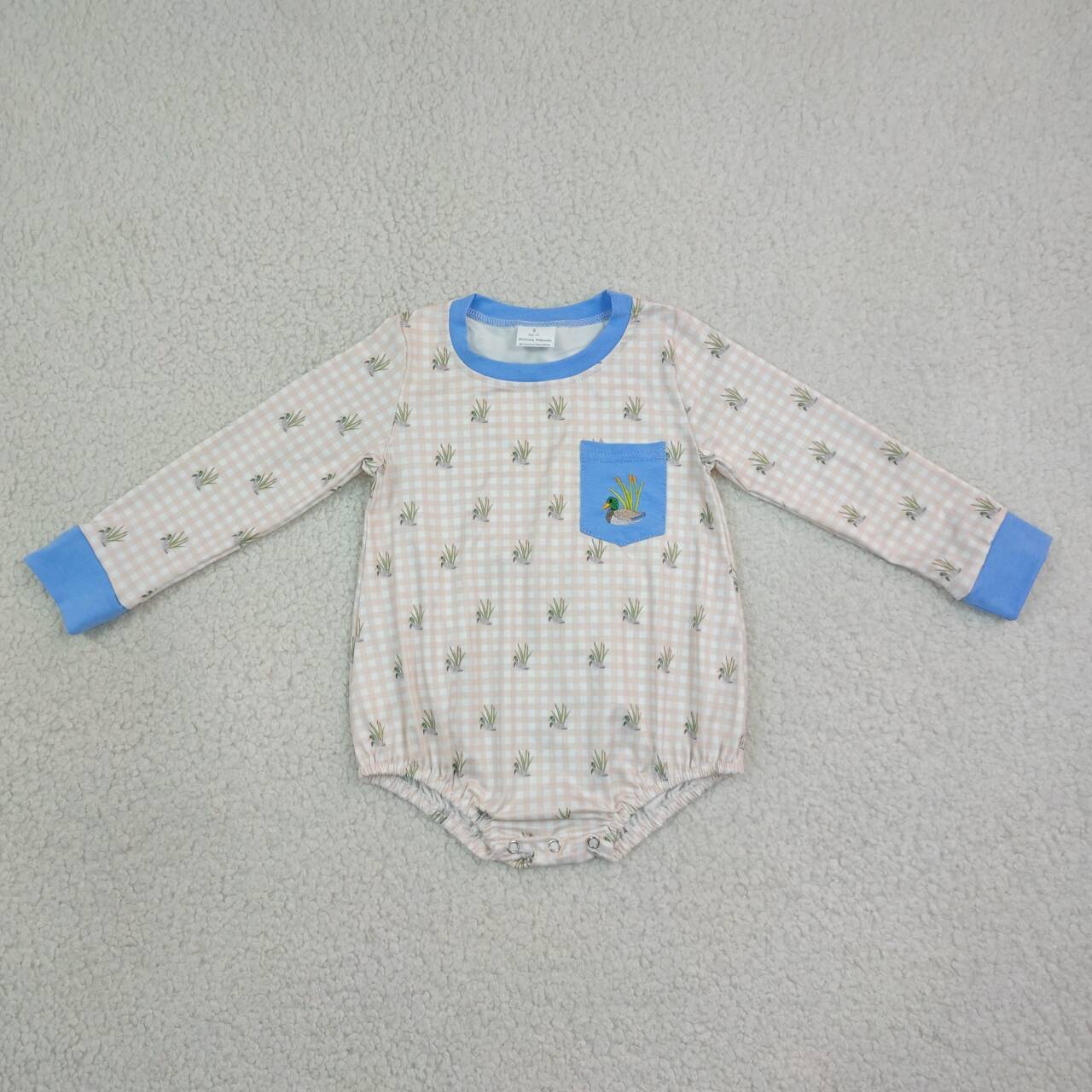 Toddle baby boy embroidery mallard duck khaki plaid romper