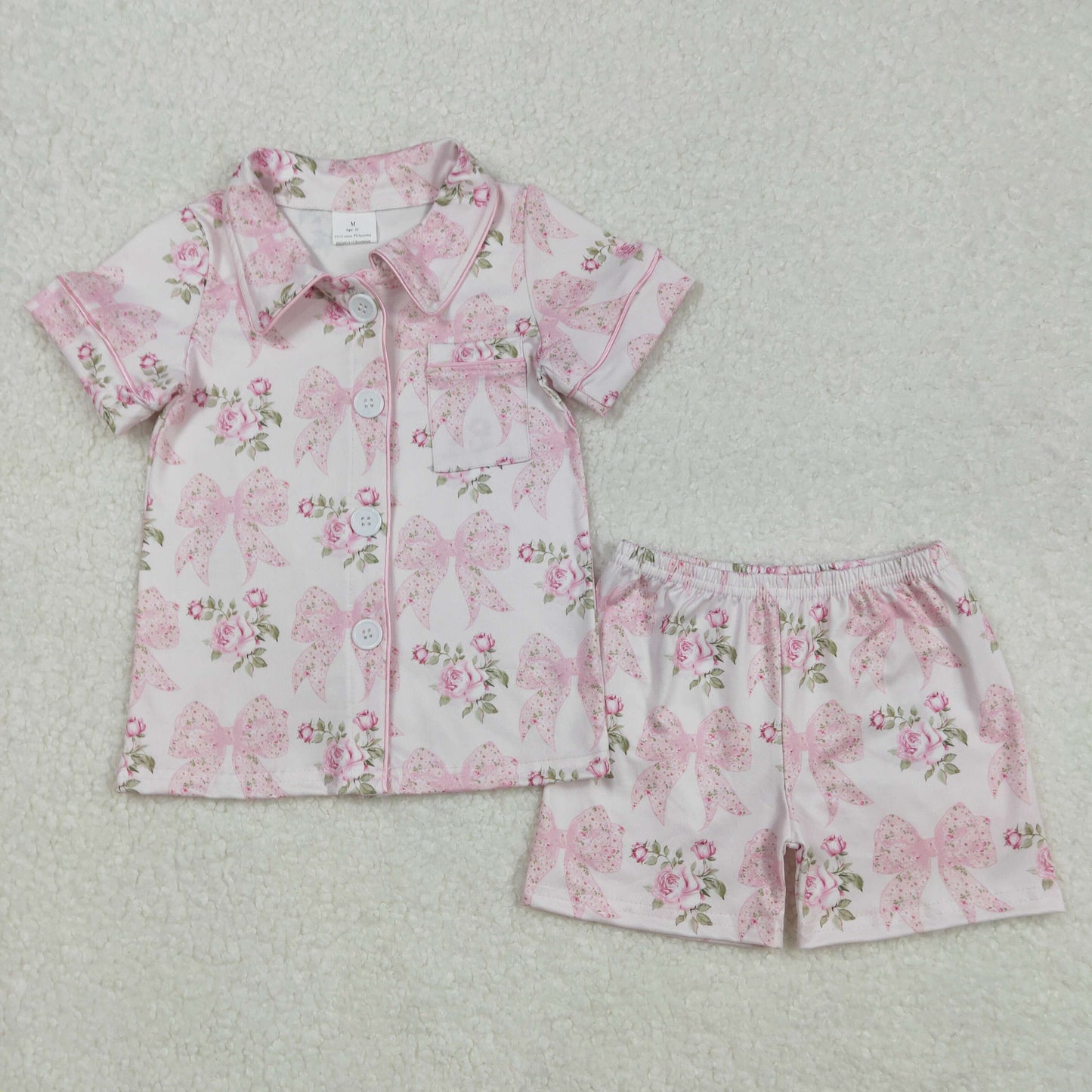 Baby girl pink bow floral summer pajama set
