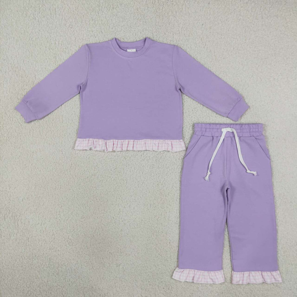 Lavender color long sleeve pullover top matching pants fall winter girls outfit