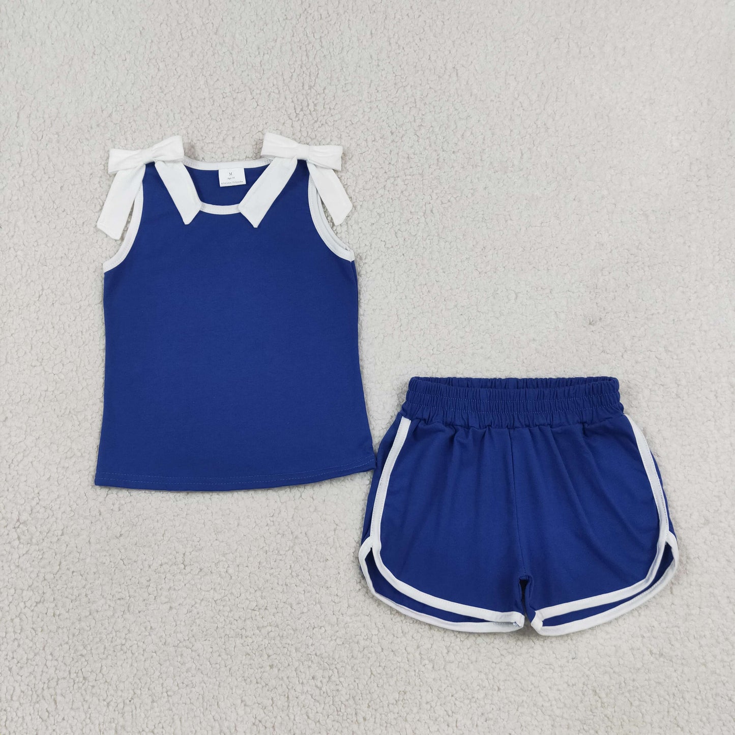 Blue white bow top matching shorts girls summer outfit
