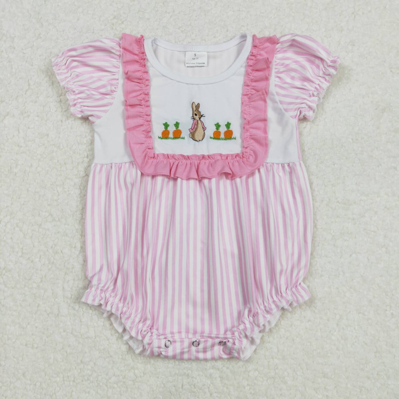 Embroidery Easter Bunny pink stripes baby girls romper