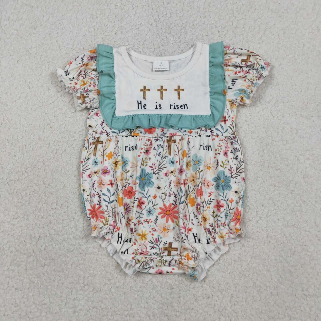 Easter he is risen baby short sleeve floral romper