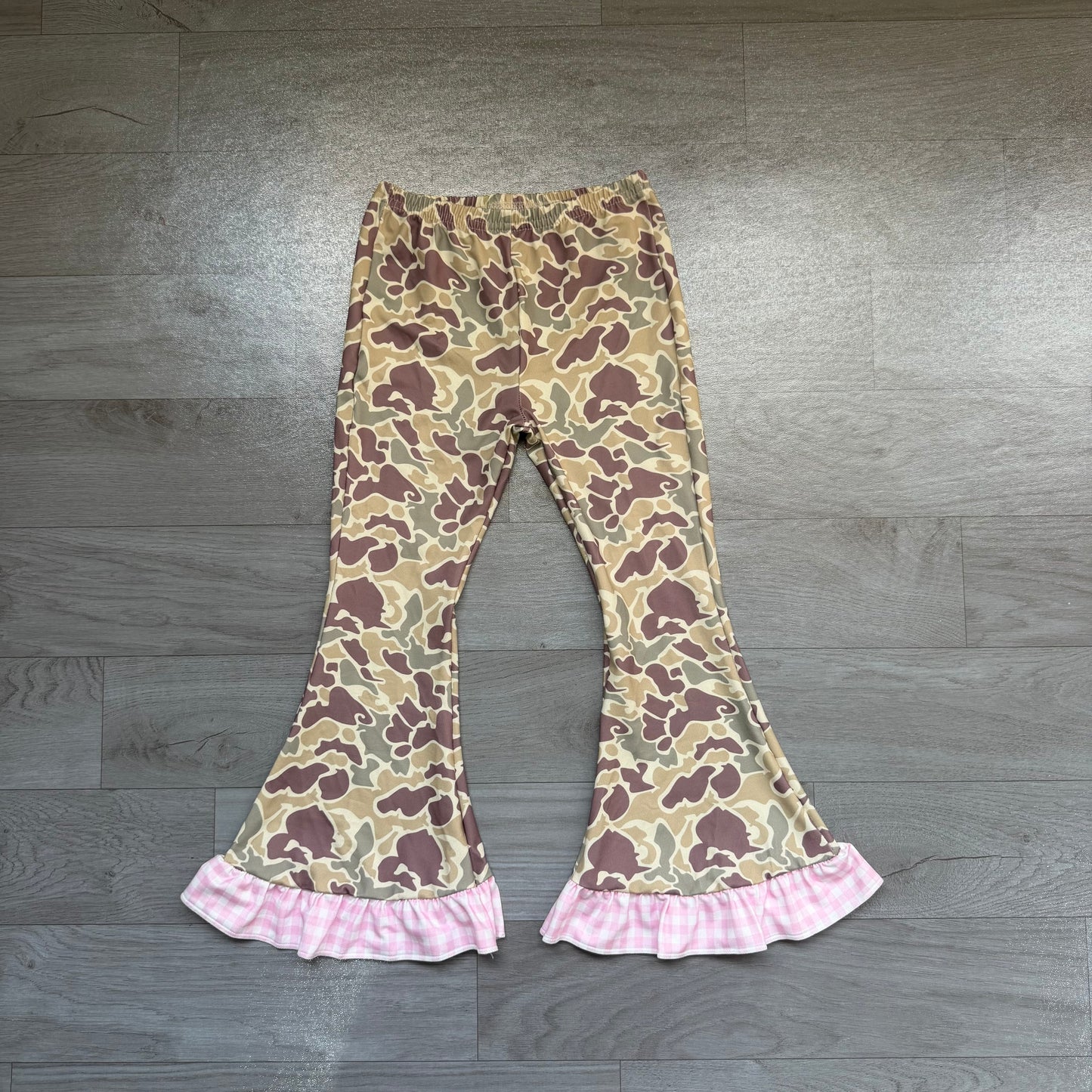 Khaki camo girls bell bottom pants preorder