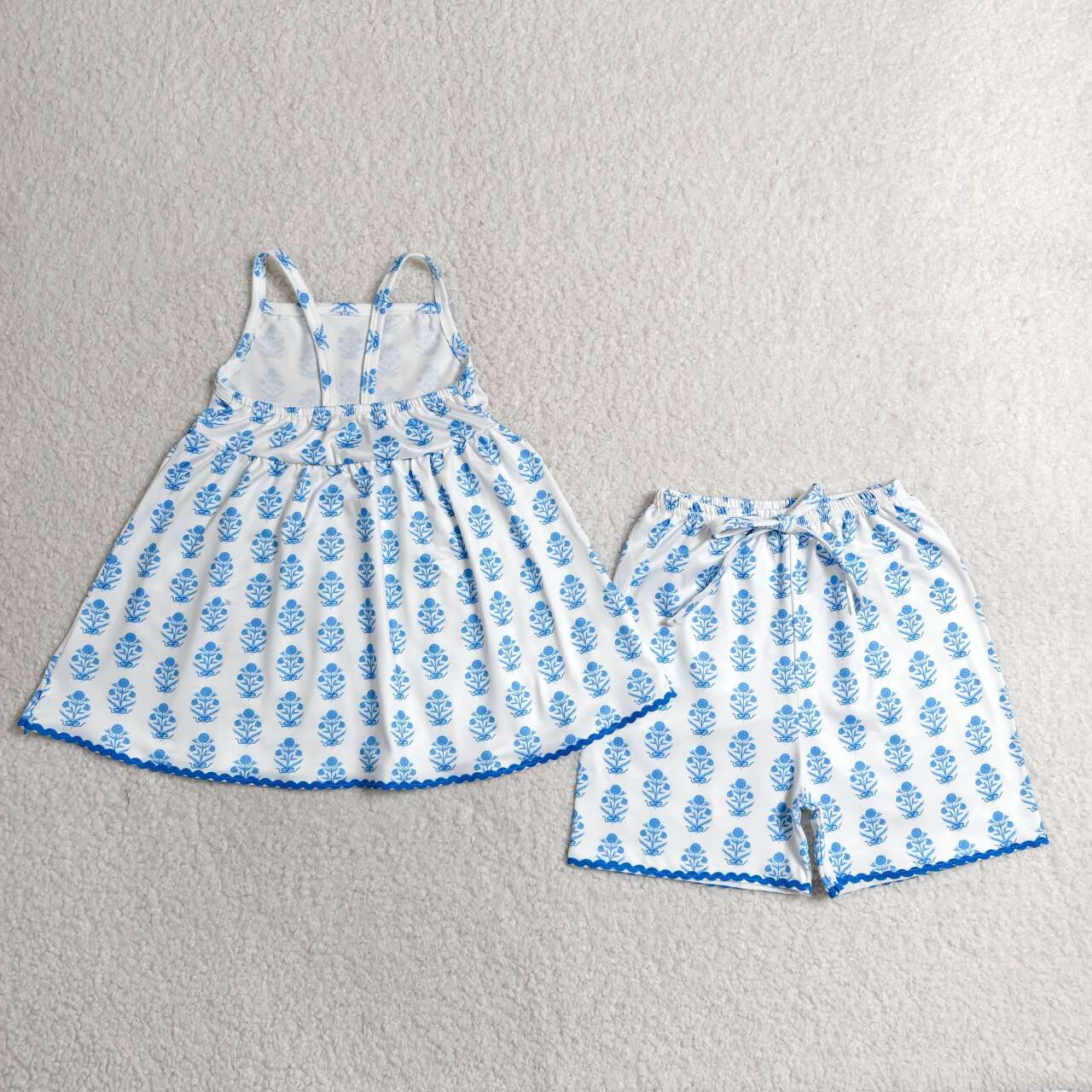 Blue flowers design top matching shorts girls summer outfit