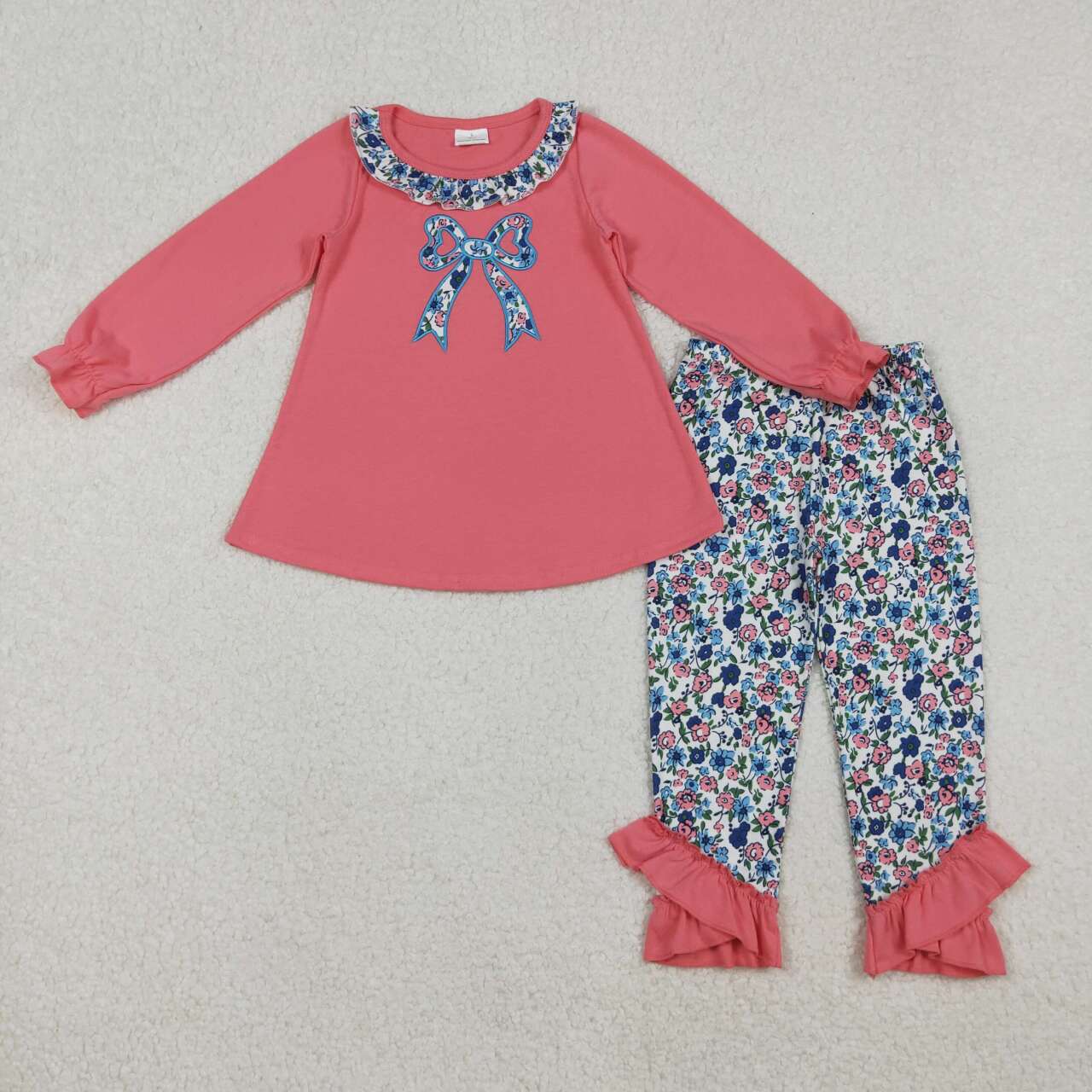 Embroidery Floral bow shirt matching pants design girls spring fall outfit