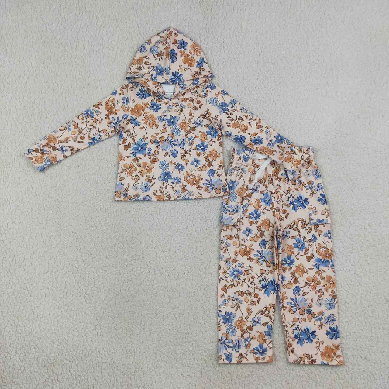 Blue flowers print girls long sleeve hoodie set outfit