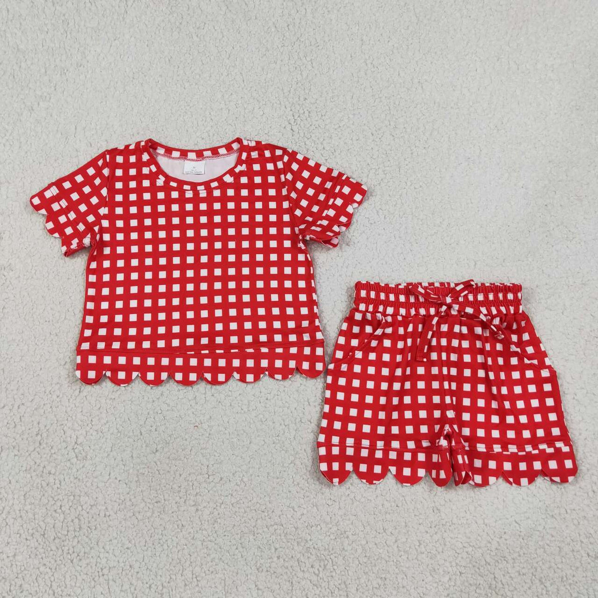 Red plaid design top matching shorts girls summer outfit