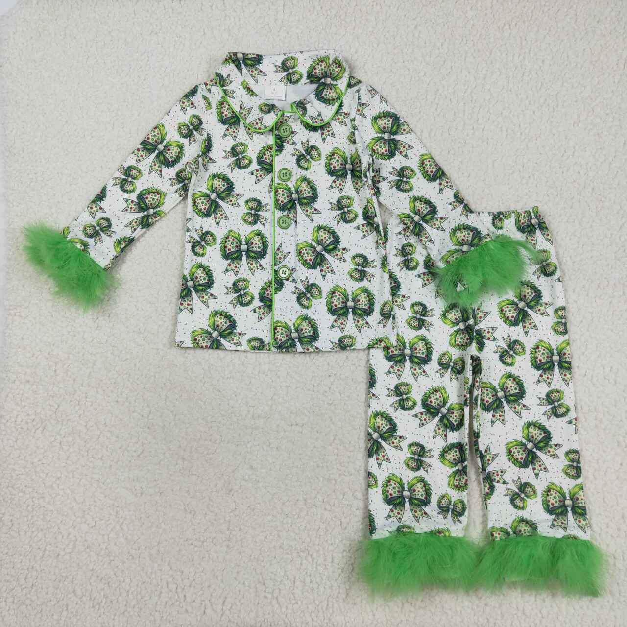 Christmas green bow girls long sleeve pajama set outfit