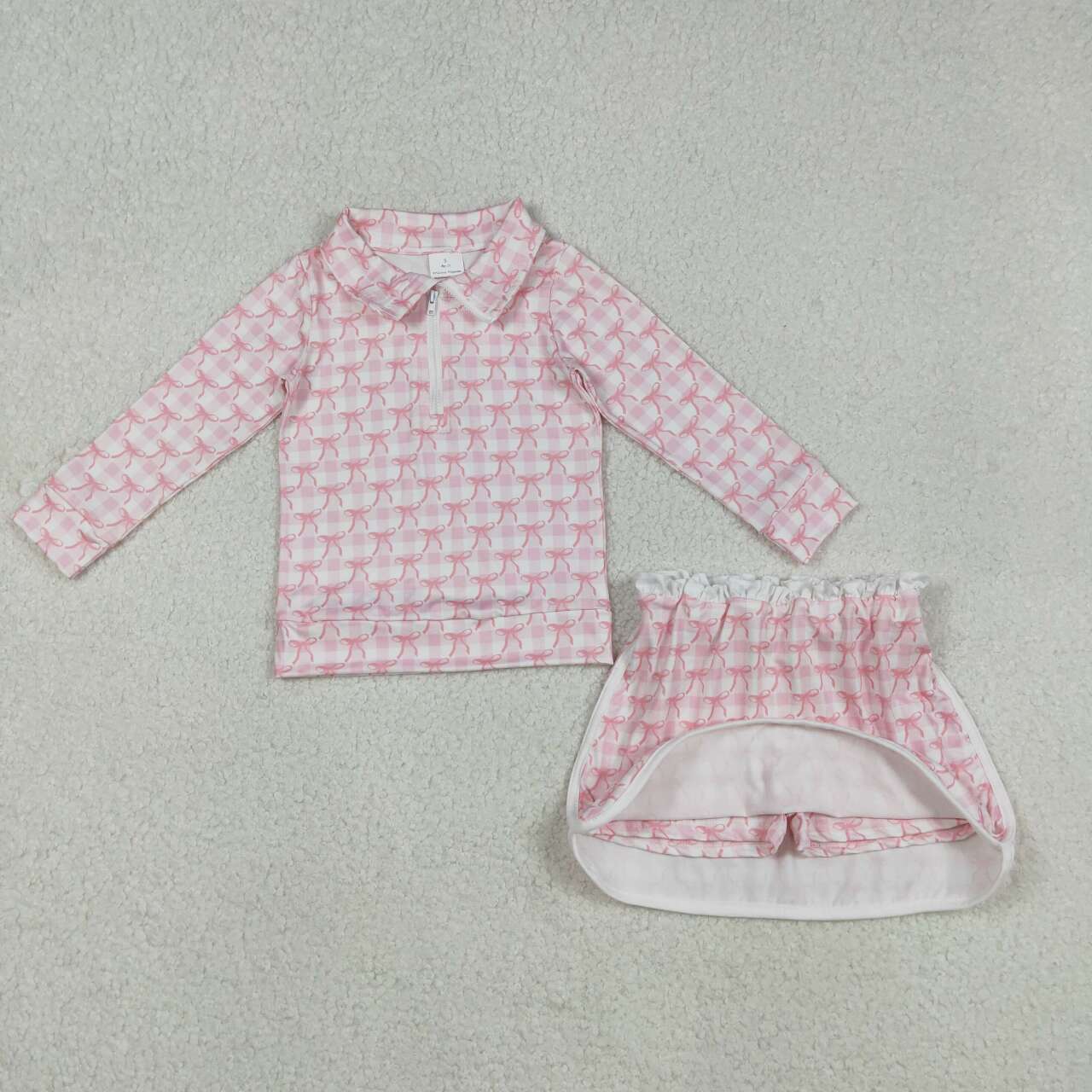 Pink bow long sleeve top matching skirt girls clothes