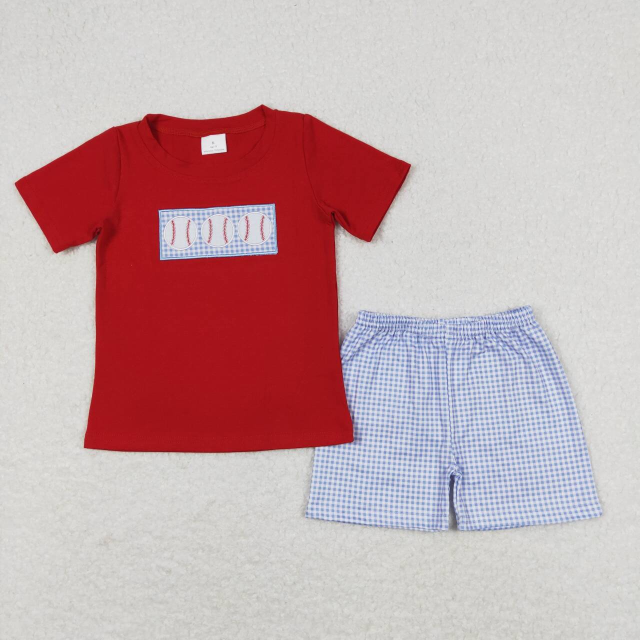 red embroidery baseball top blue gingham shorts outfit