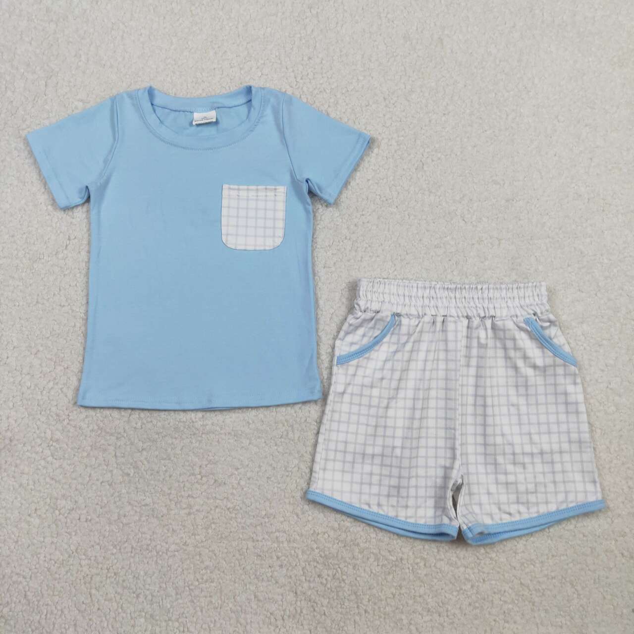 Blue plaid pocket top matching shorts boy summer outfit