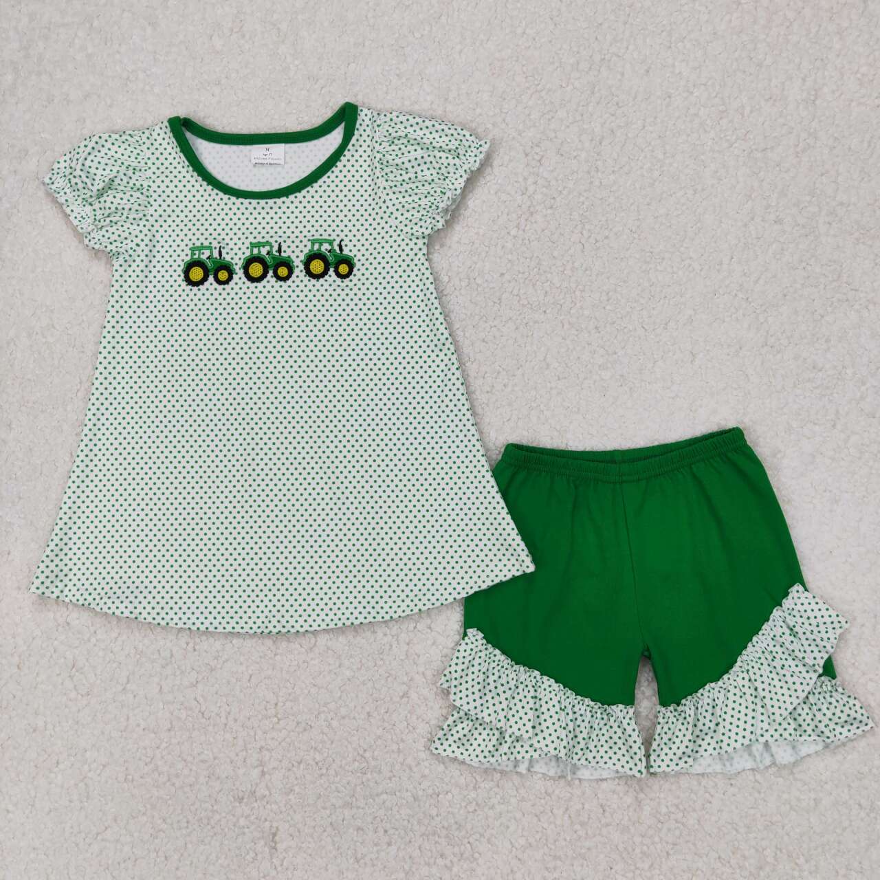 Baby girl embroidery green farm tractor design summer clothes