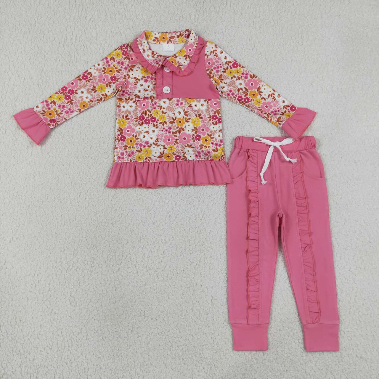 Pink Flowers long sleeve pullover top matching pants boy outfit