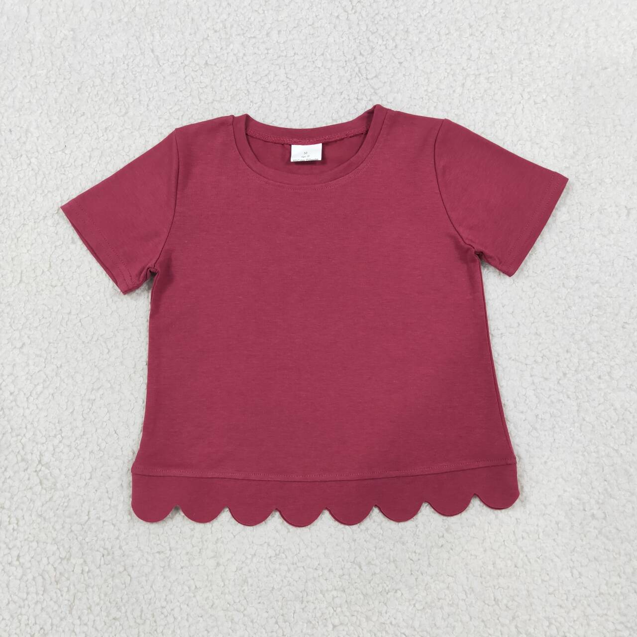 Dusty red color kids girls short sleeve scalloped cotton top
