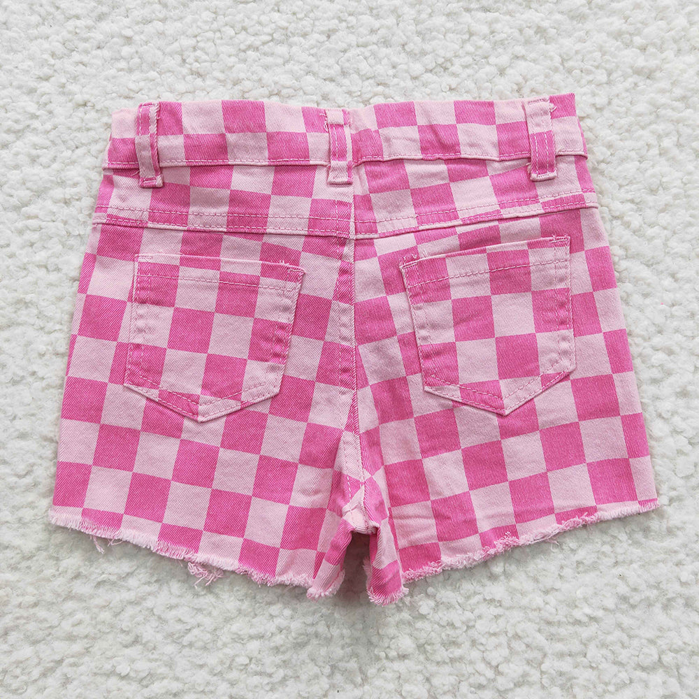 pink checkered distressed denim jeans shorts wholesale jeans shorts