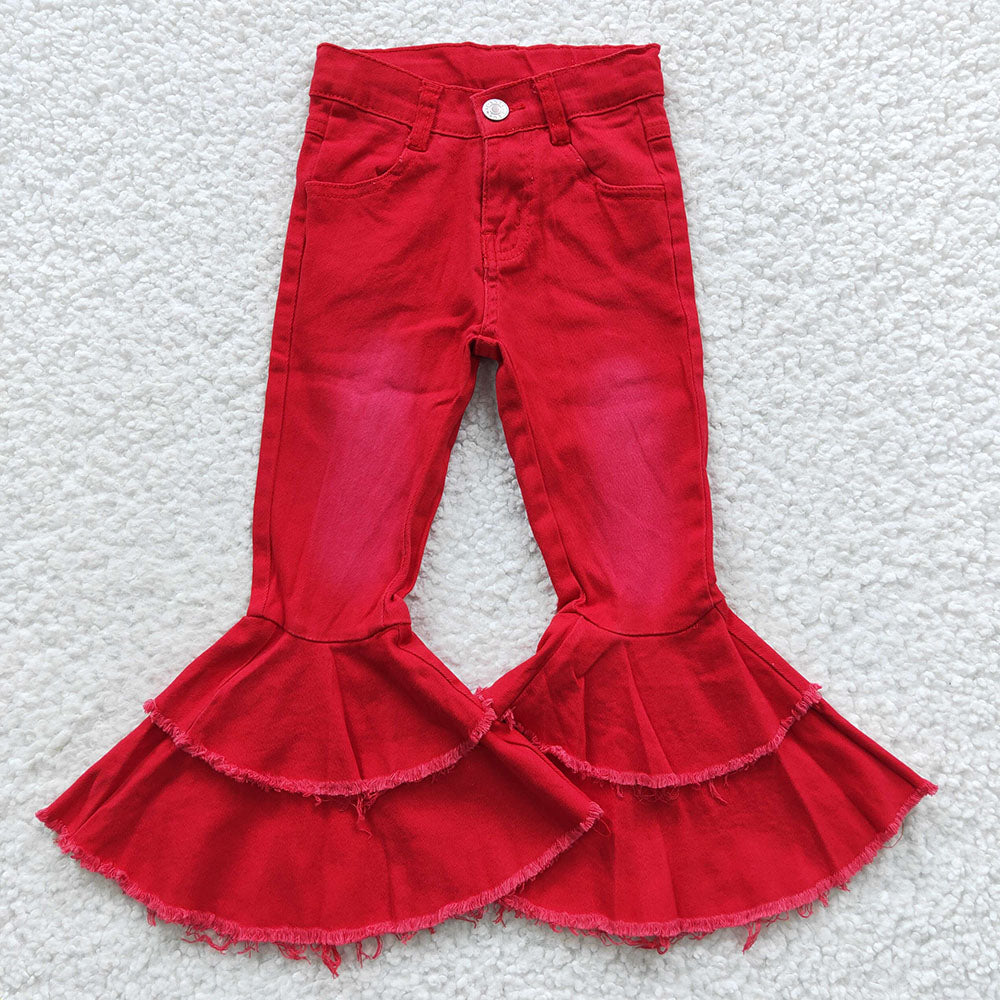 baby girls red bleach ruffle denim pants wholesale kids clothing