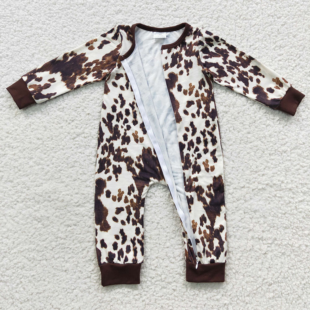 cow print long sleeve zip romper