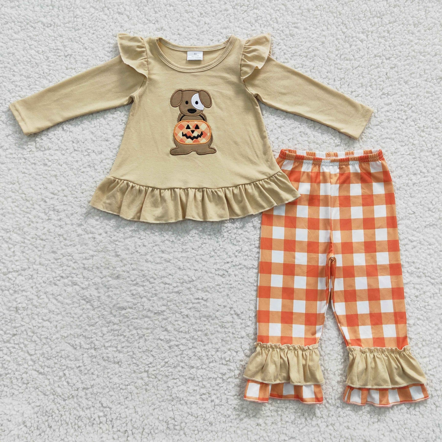 girls embroidery dog pumpkin Halloween clothing set
