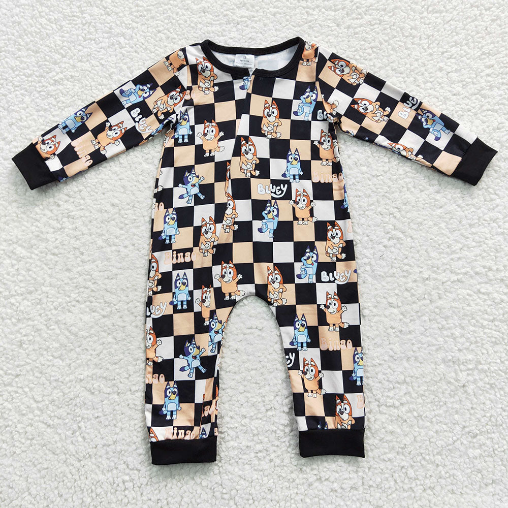 blue dog long sleeve checkered zip romper